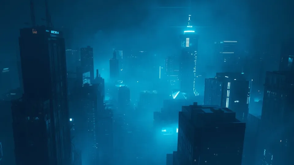 futuristic cityscape with blue neon lighting